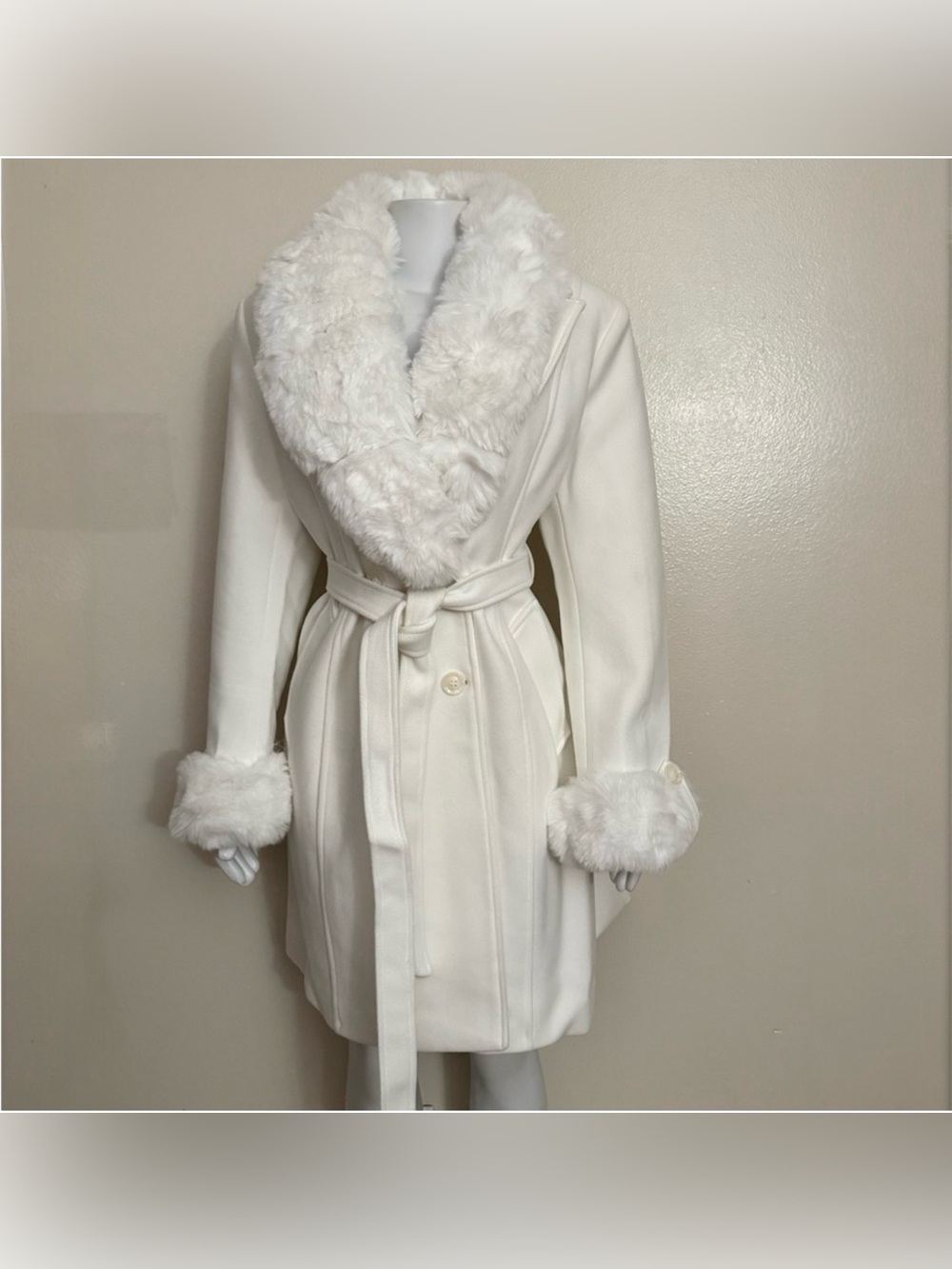 White removable faux fur on collar & cuffs double breasted belted pea coat coat